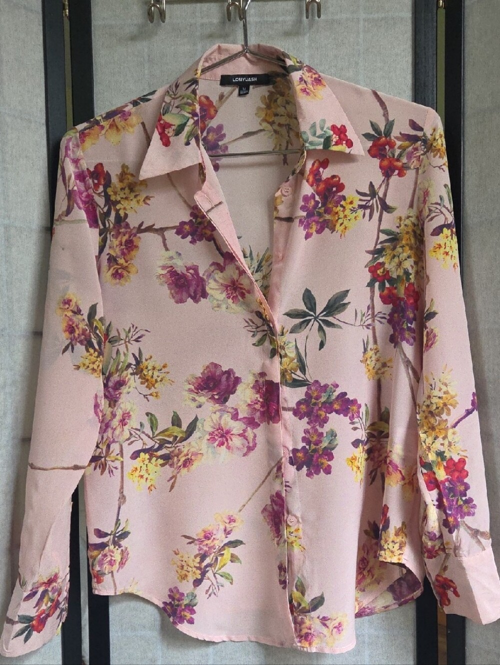 Light Pink Floral Button-Down SILK Blouse